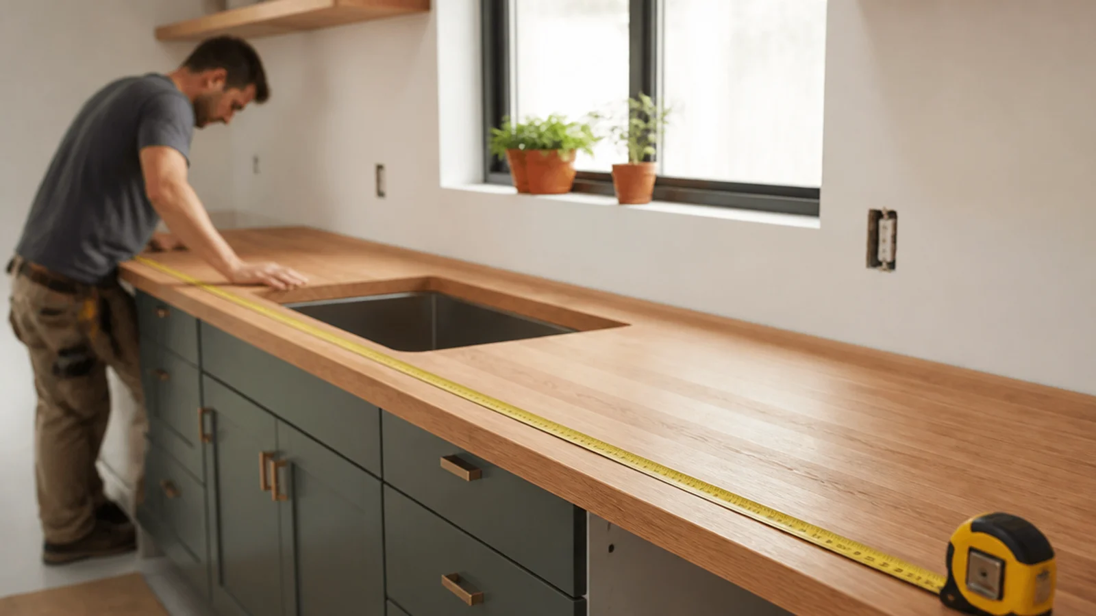 Tablón de mesada de madera maciza sobre los muebles bajos, con la cinta métrica apoyada a lo largo del canto delantero y el calado de la bacha a la vista — así se calcula la superficie de una mesada.