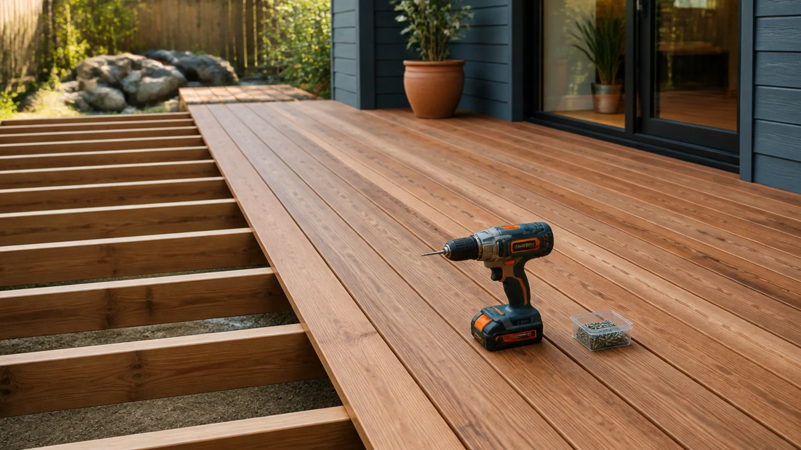 Terrasse en cèdre en cours de construction, solives apparentes à une extrémité, lames déjà posées sur le reste et une visseuse sans fil dessus — voici comment calculer la surface d'une terrasse bois.