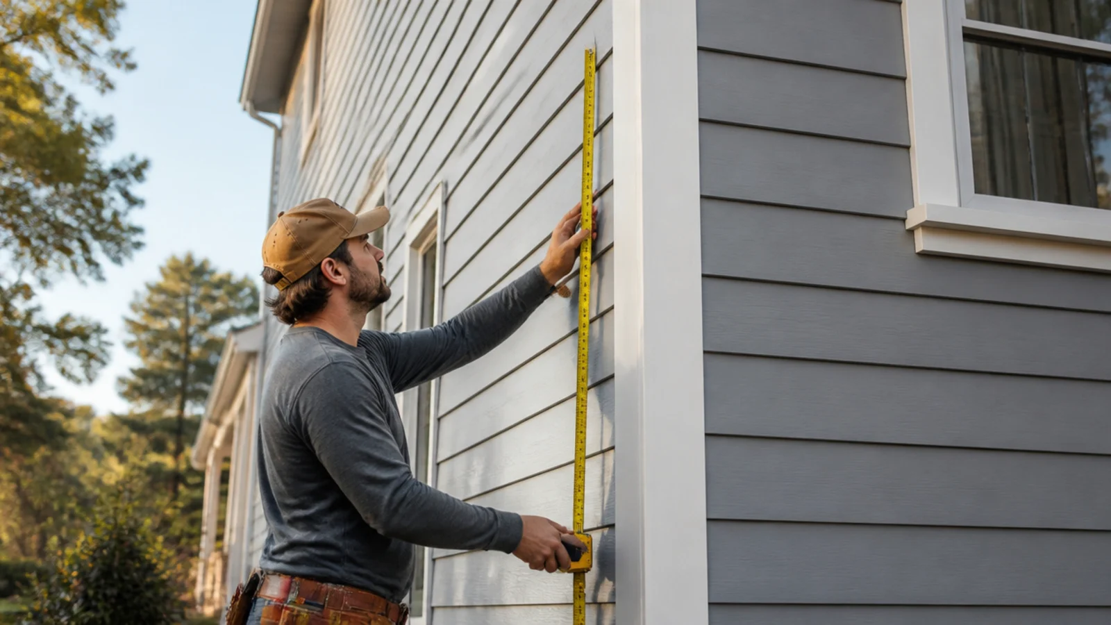 Außenecke eines zweigeschossigen Hauses mit Stülpschalung, ein Bandmaß senkrecht an der Wand gespannt, in klarem Morgenlicht — so berechnen Sie die Außenwandfläche.