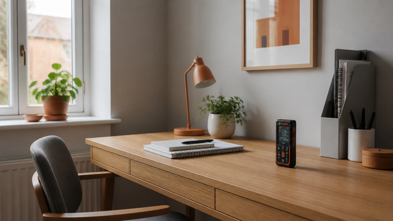 Coin bureau à domicile, petit et rangé, table contre le mur, télémètre laser sur le plateau et lumière douce de fenêtre — voici comment calculer la surface d'un bureau à domicile.