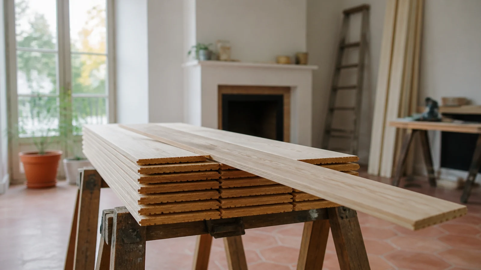 Stack of tongue-and-groove boards on sawhorses, one board pulled out and resting across the others — working out linear feet to square feet.