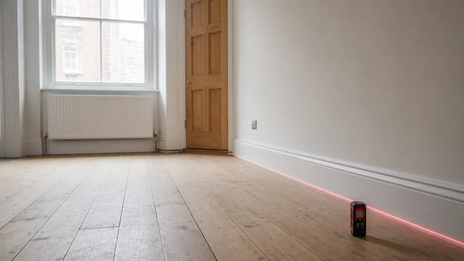 Leeres Schlafzimmer mit nacktem Holzboden und einem Laserentfernungsmesser am Boden, dessen Linie an der Wand entlangläuft — so rechnen Sie Raummaße in Quadratfuß um.
