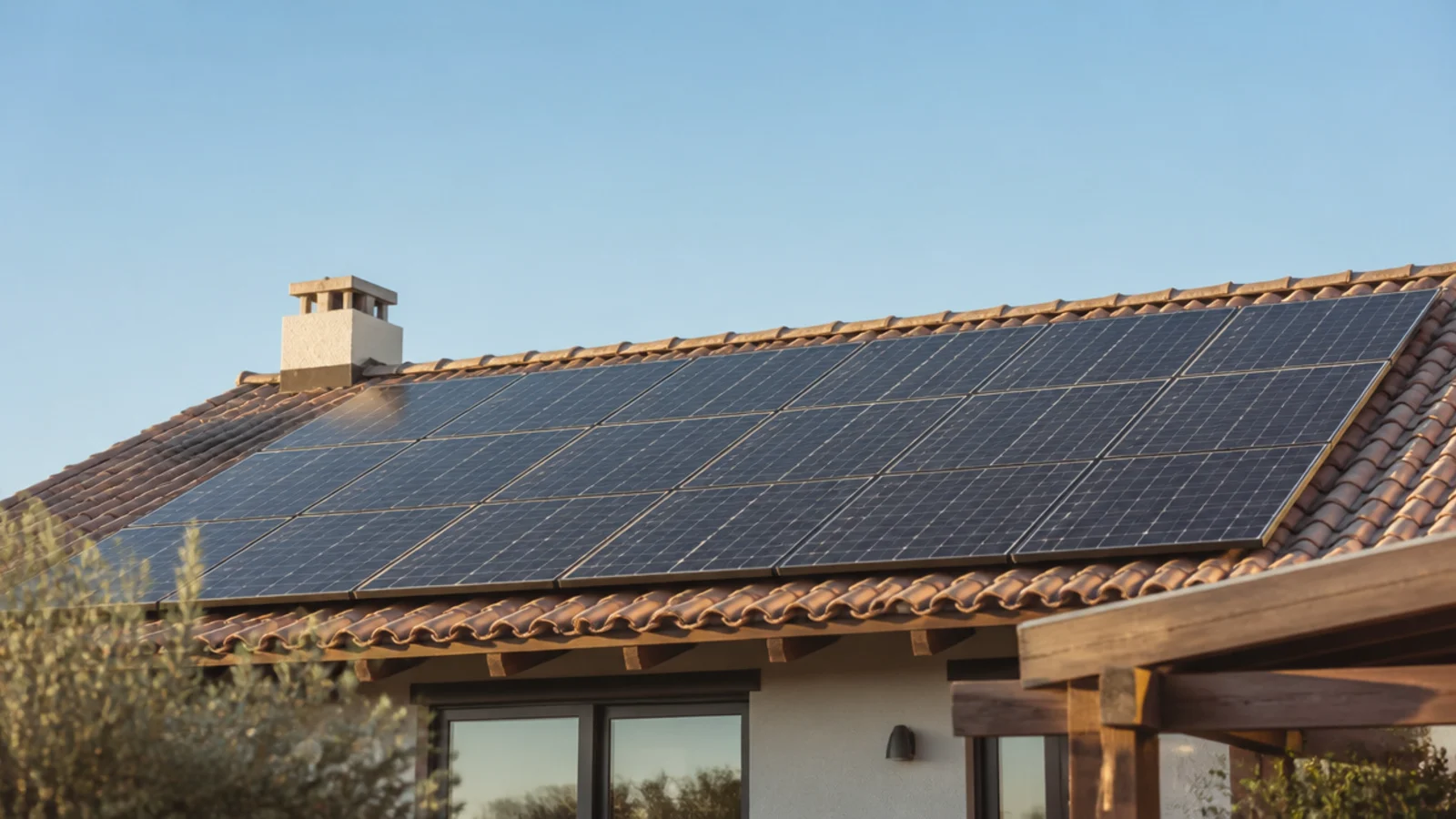 Aufdach-Solaranlage auf einem Satteldach, Module in gleichmäßigen Reihen und klarer Himmel — so berechnen Sie die Dachfläche für Solarmodule.