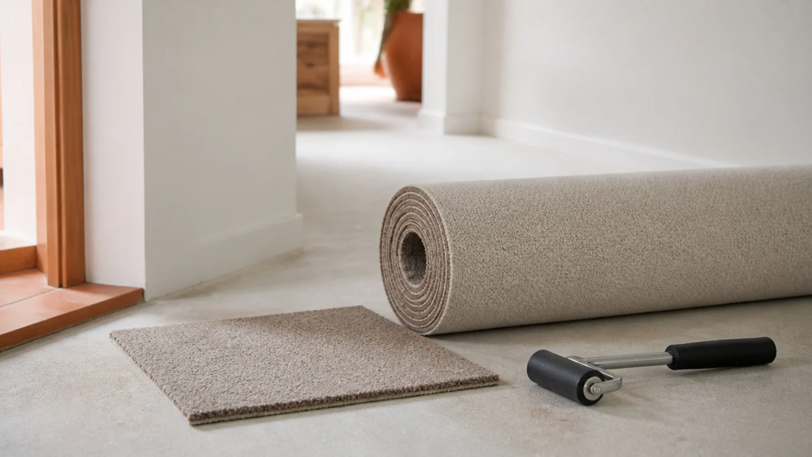 Roll of carpet and a square yard offcut on a bare subfloor, seam roller beside them — working out square feet to square yards.