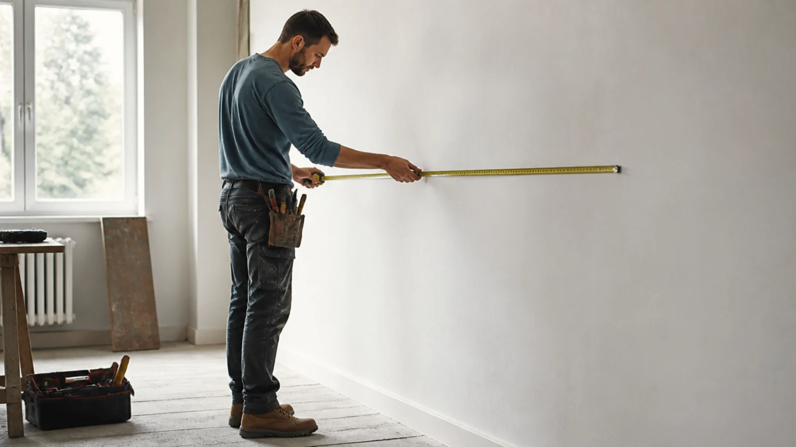 Parete interna vuota da pavimento a soffitto, con una fettuccia tesa in orizzontale all'altezza della vita — ecco come calcolare la superficie di una parete.