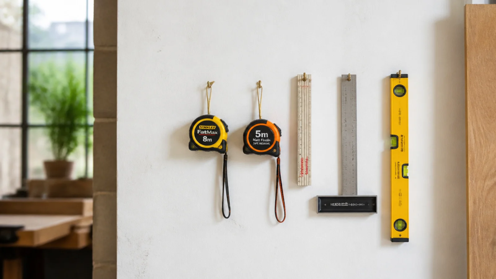 Mur d'atelier avec les outils de mesure accrochés en ligne : décamètres, mètre pliant, équerre et niveau.