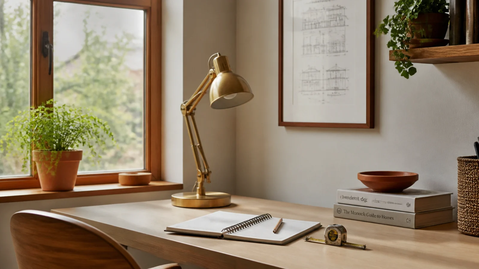 Rincón de escritorio ordenado con un cuaderno, un lápiz y una lamparita de bronce, con luz cálida de ventana.