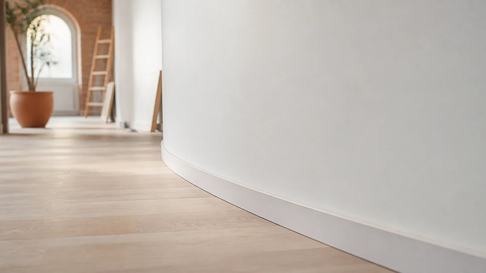Eine bauchige Innenwand in der Flucht fotografiert, die Krümmung an der Sockelleiste sichtbar.
