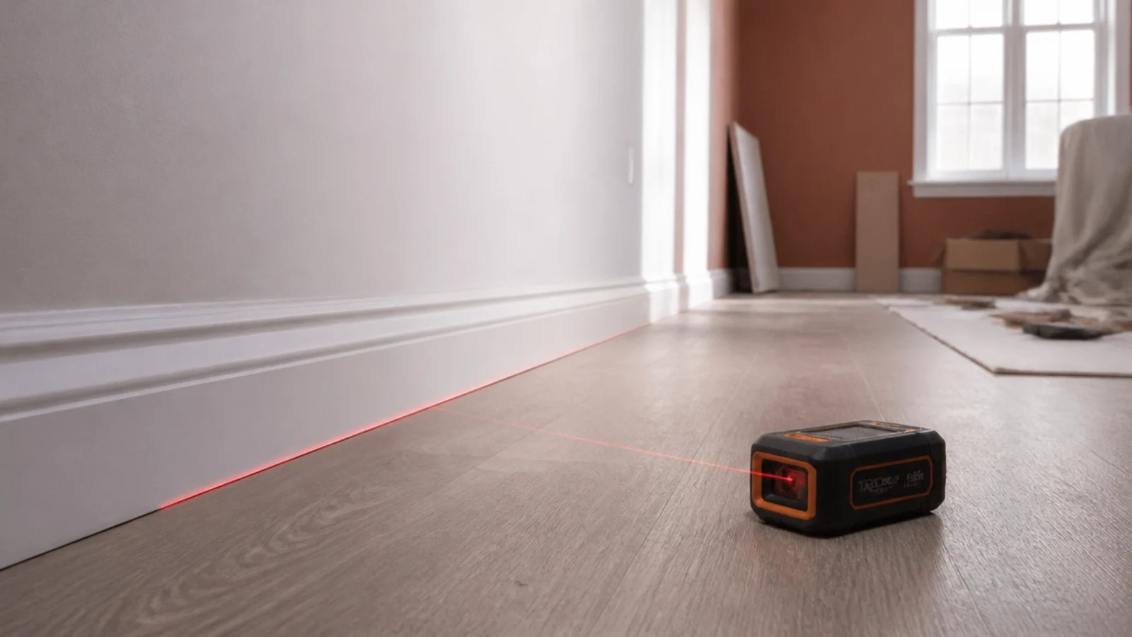 Medidor a laser no piso projetando a sua linha ao longo de um rodapé.
