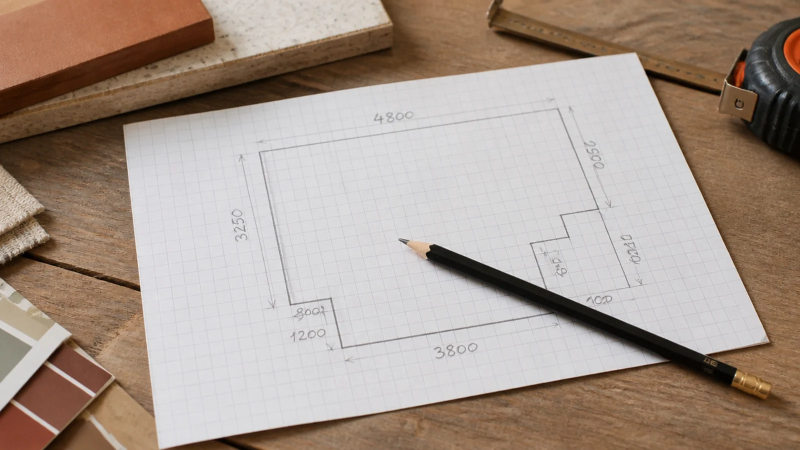 Croquis sur papier quadrillé du contour d'une pièce irrégulière, un crayon posé dessus.