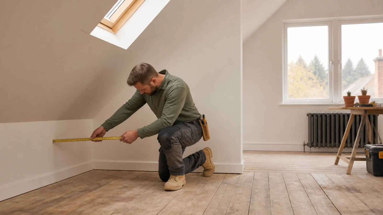Combles à plafond rampant et allège basse, avec le plancher bois nu.