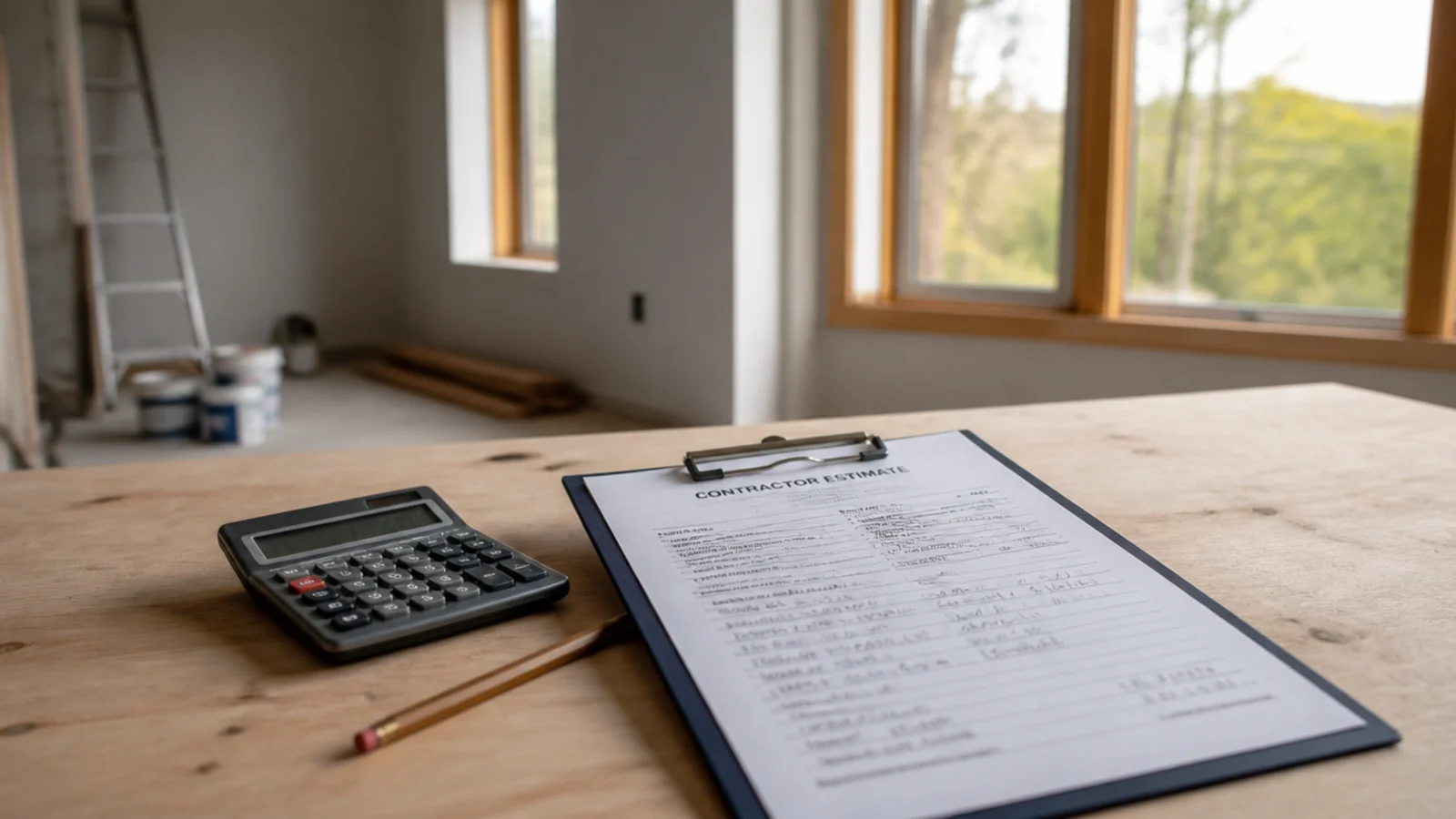 Contractor estimate clipboard, calculator and pencil on a bare plywood surface — a guide to price per square foot.