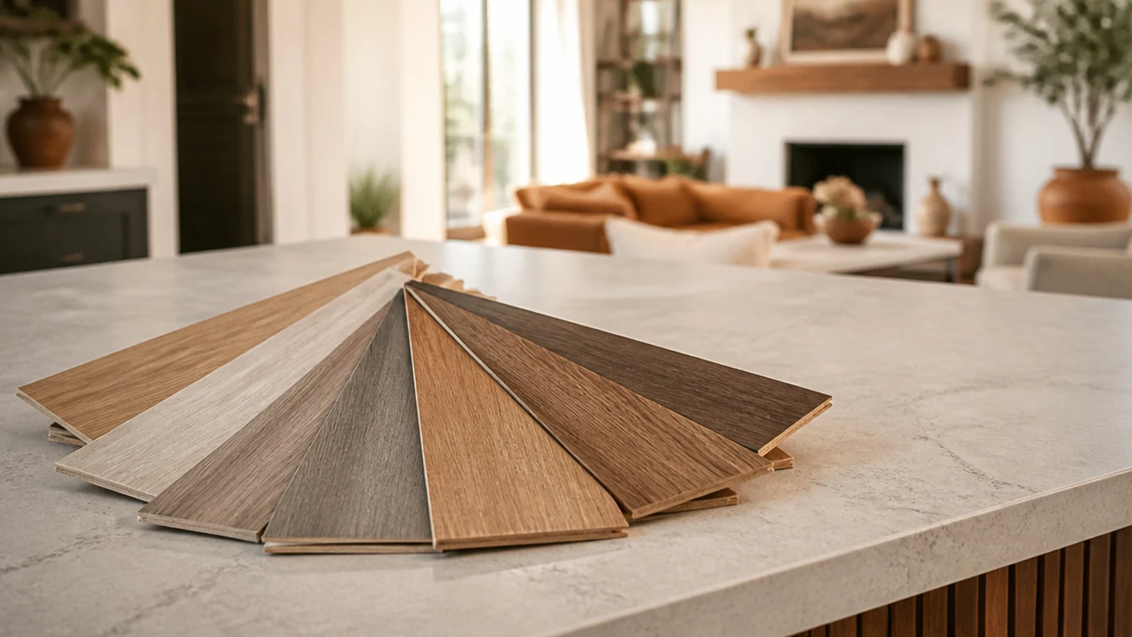 Flooring samples fanned out on a countertop.
