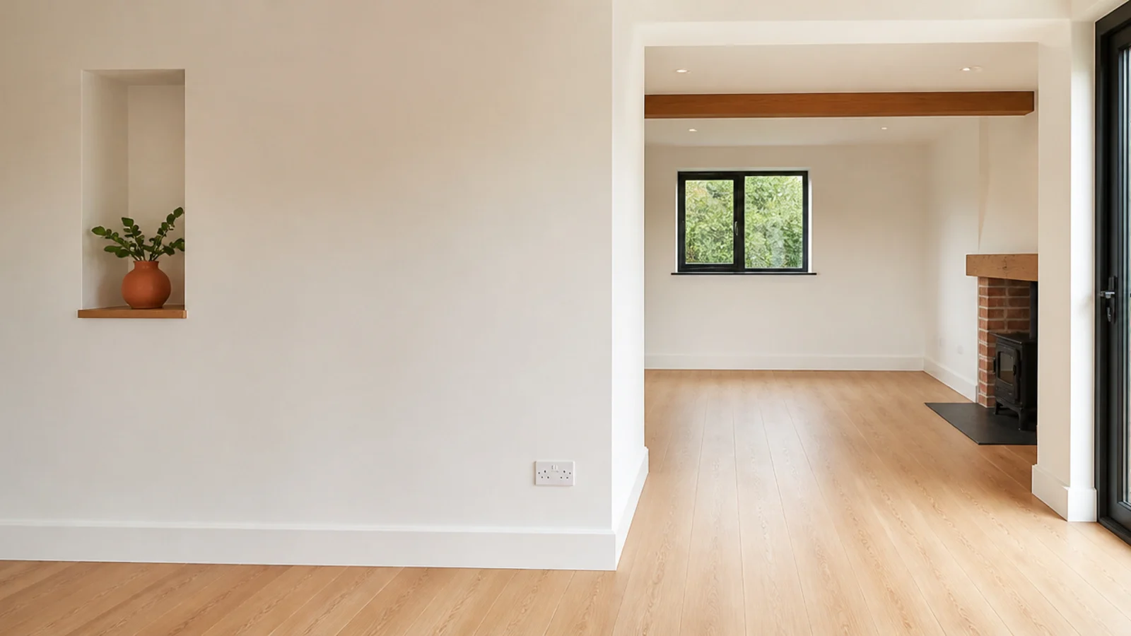 Empty renovated room with new floor and fresh walls, natural light.