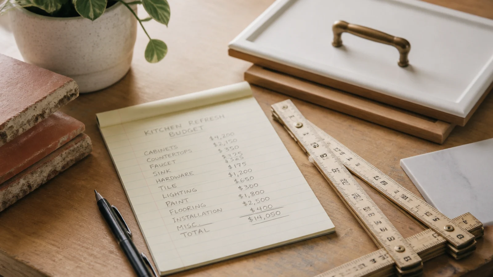 Hand-drawn budget notes on a legal pad beside a folding rule.