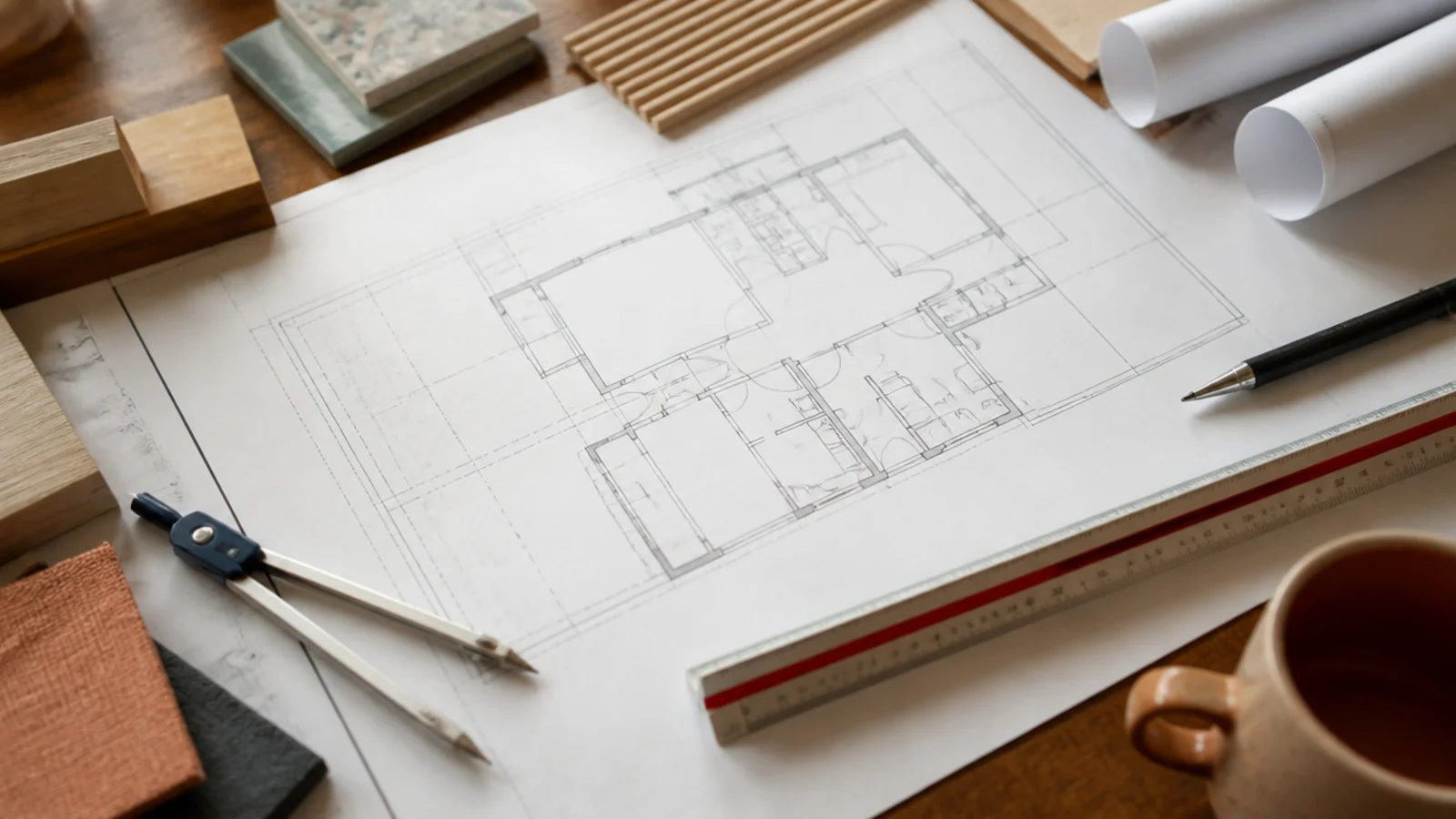 Table à dessin vue de dessus avec un kutch, un compas et des plans techniques, sans texte lisible — un guide des formules d'aire.