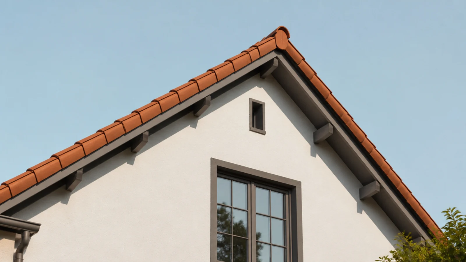 Pignon triangulaire d'une maison contre un ciel dégagé.