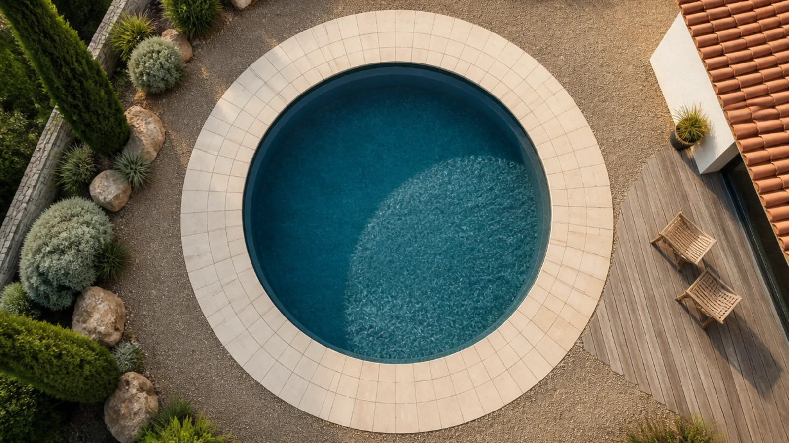 Anneau de plage autour d'une piscine ronde, vu de dessus.