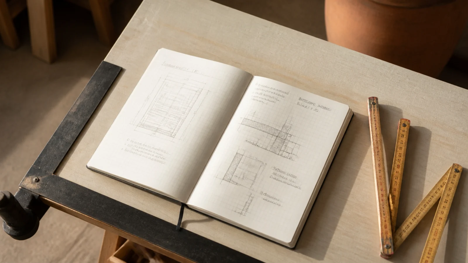 Carnet technique ouvert et un mètre pliant sur une table à dessin.