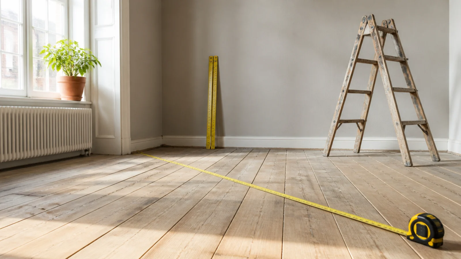 An empty sunlit room being measured, tape measure extended across bare floorboards with a folding rule against the wall — a square footage calculator in practice.