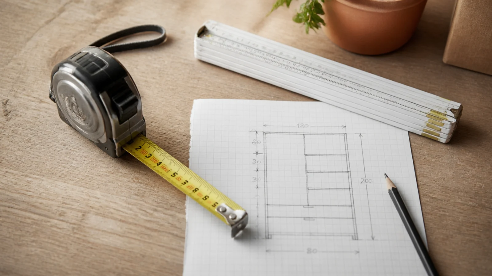 Flat lay of a tape measure, folding rule, pencil and a graph-paper sketch on a workbench.