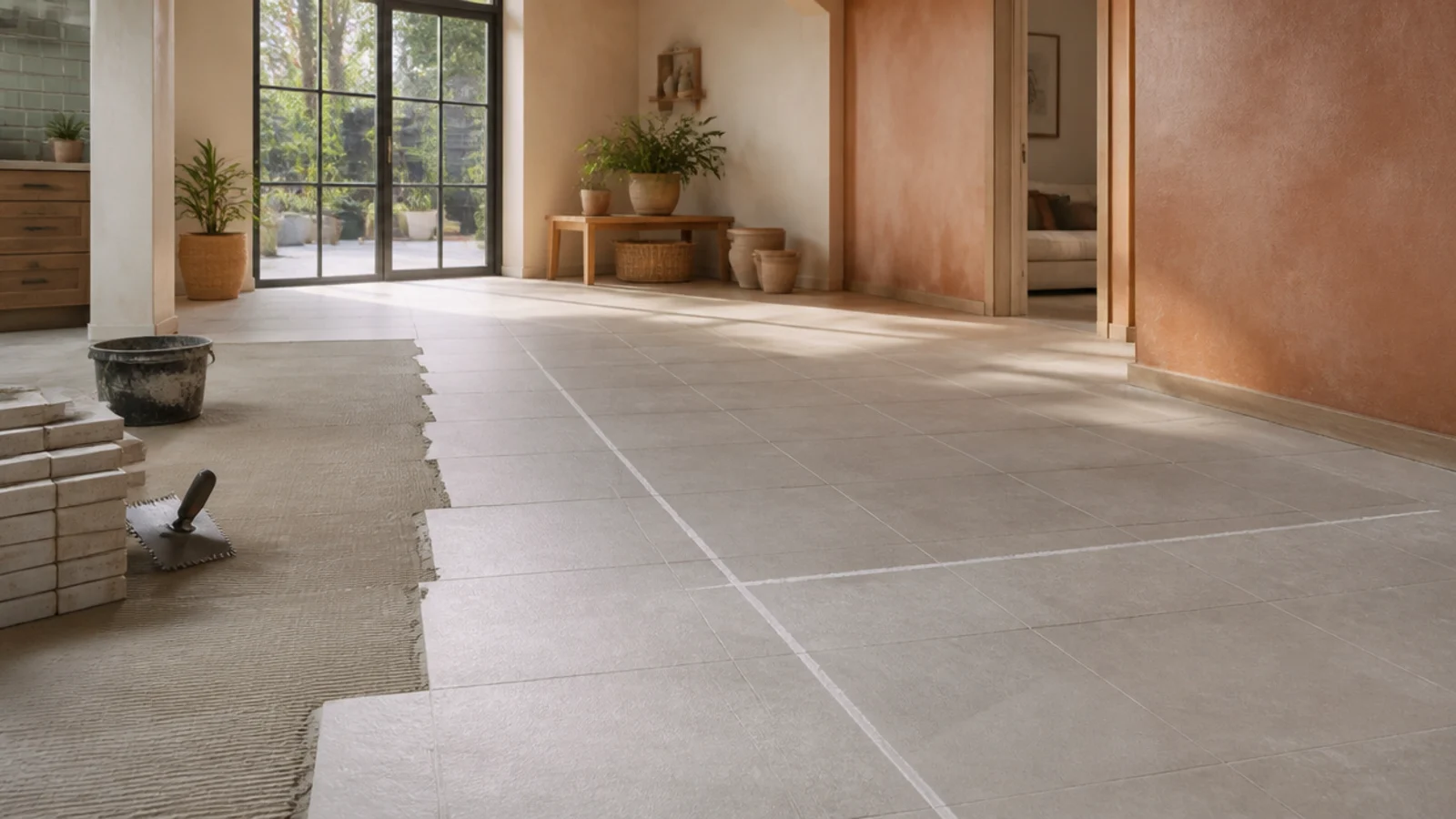 An L-shaped room with a chalk line dividing the floor into two rectangles.