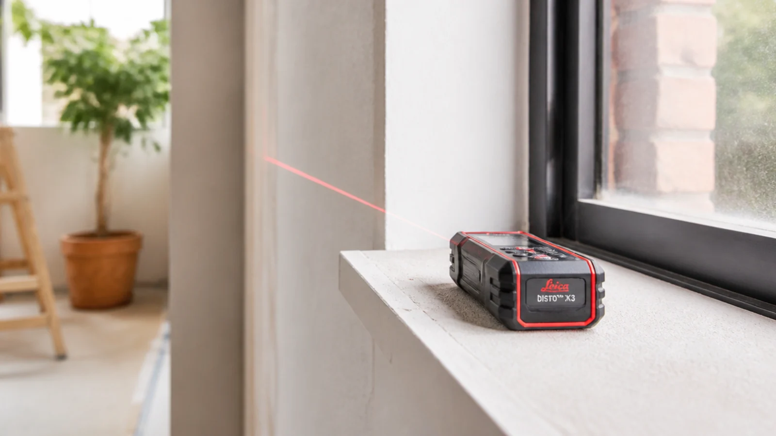 A laser measure resting on a windowsill, its line running along the wall.