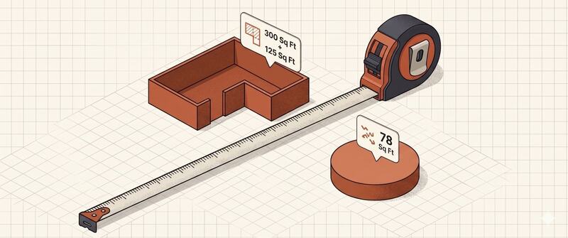 Square footage calculator diagram: an L-shaped room measuring 300 plus 125 square feet and a circular patio measuring 78 square feet, with a tape measure across a blueprint grid.